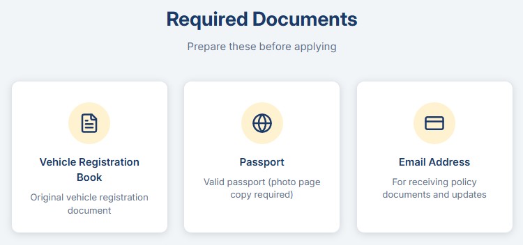 Required documents: vehicle registration book, passport and email address